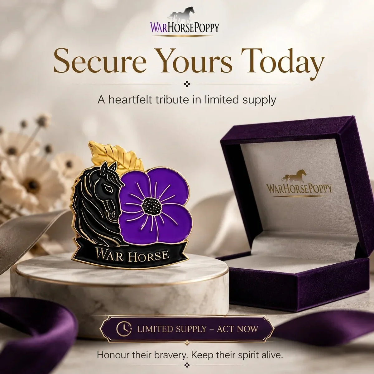 Limited Edition WarHorse Purple Poppy 1llthAnniversaryRemembrance Brooch