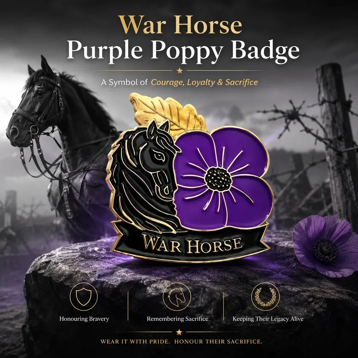 Limited Edition WarHorse Purple Poppy 1llthAnniversaryRemembrance Brooch