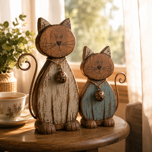 Rustic Wooden CatFigurines Set of 2