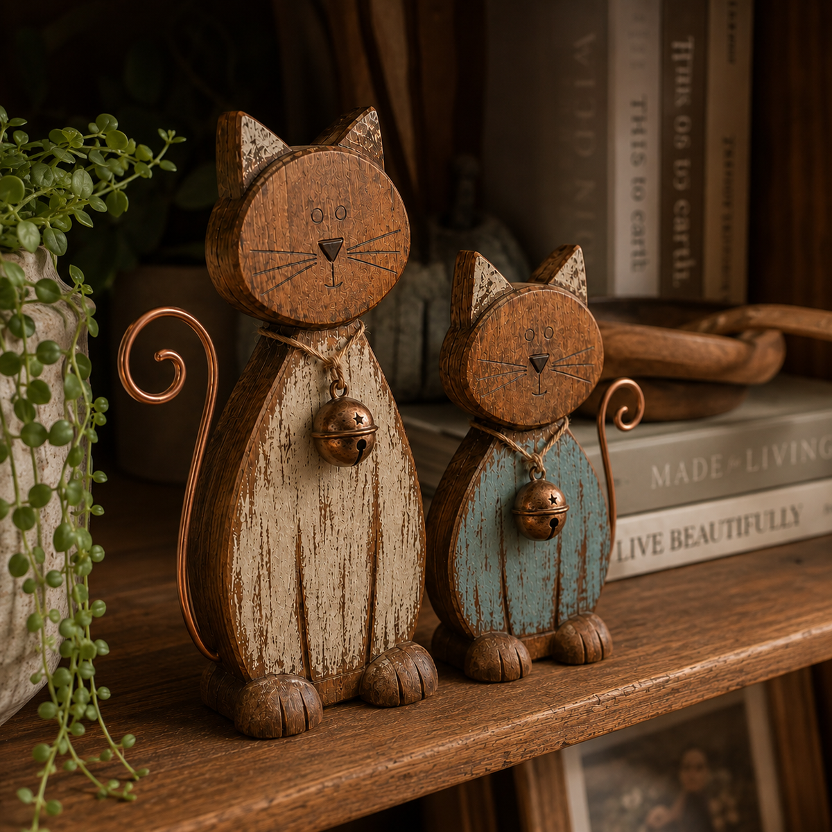 Rustic Wooden CatFigurines Set of 2