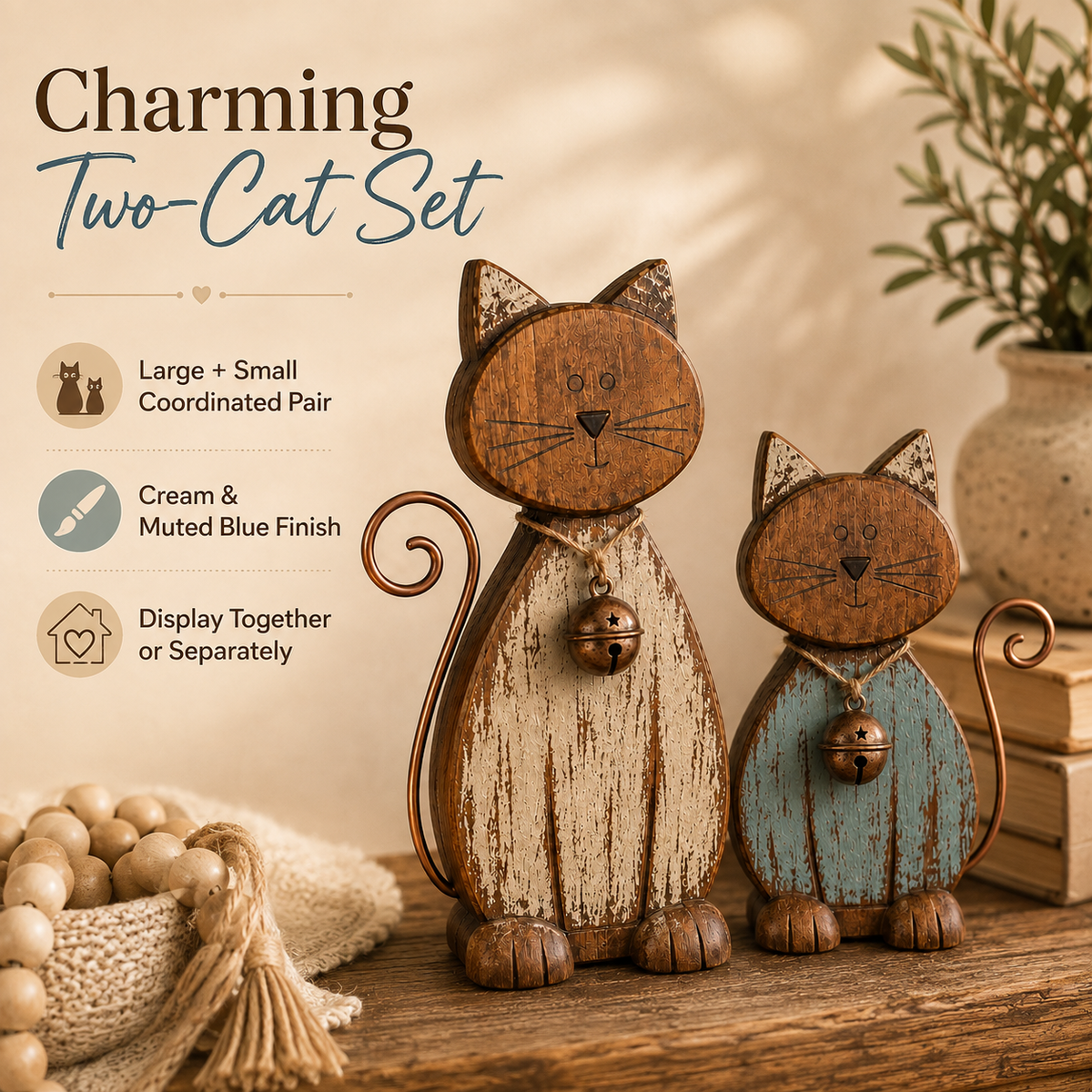 Rustic Wooden CatFigurines Set of 2