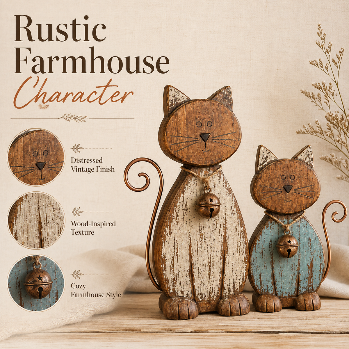 Rustic Wooden CatFigurines Set of 2