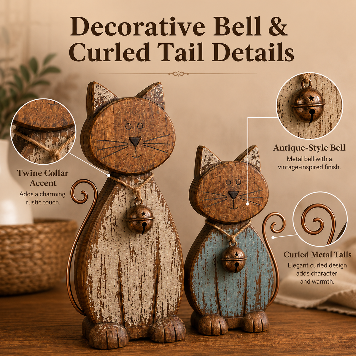 Rustic Wooden CatFigurines Set of 2