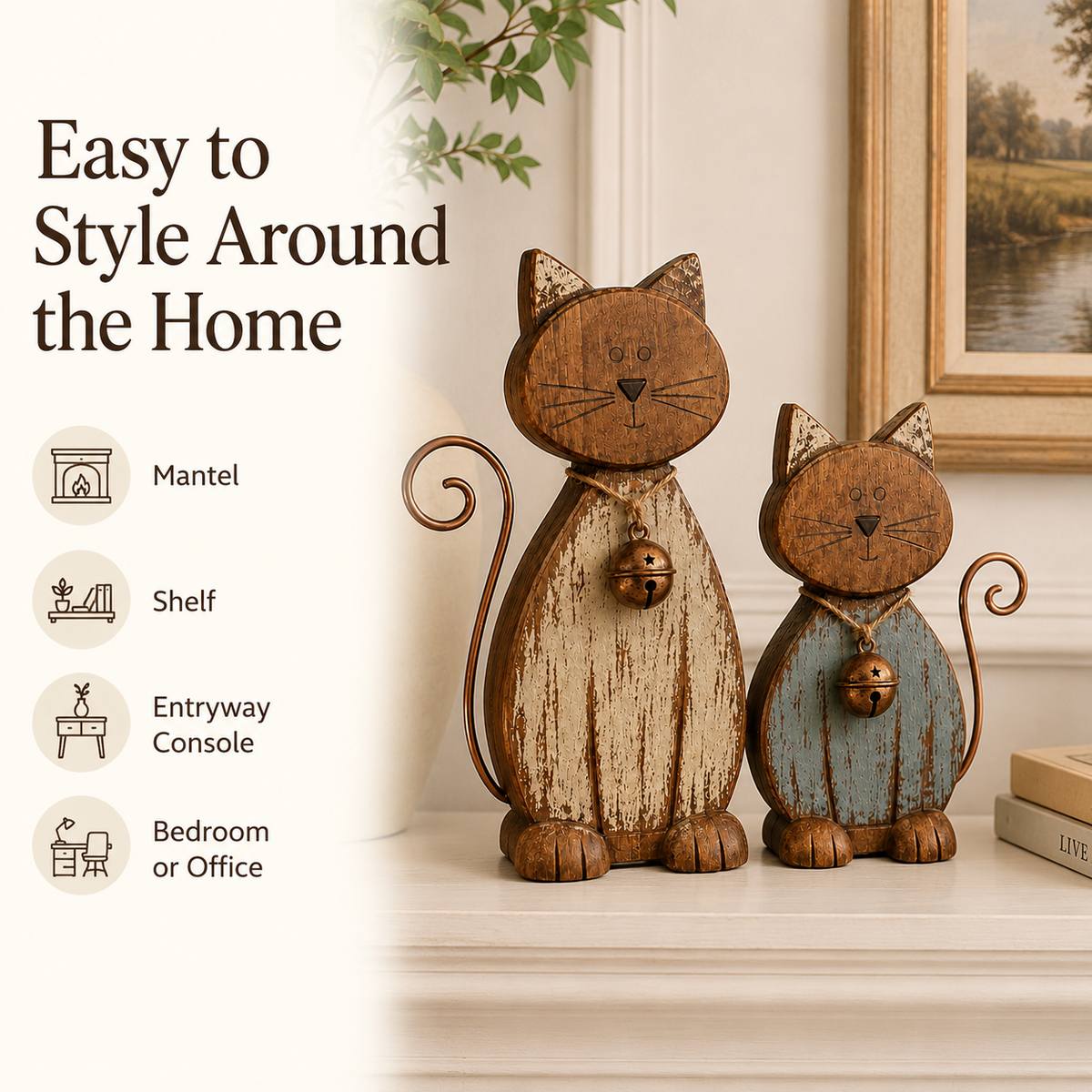 Rustic Wooden CatFigurines Set of 2