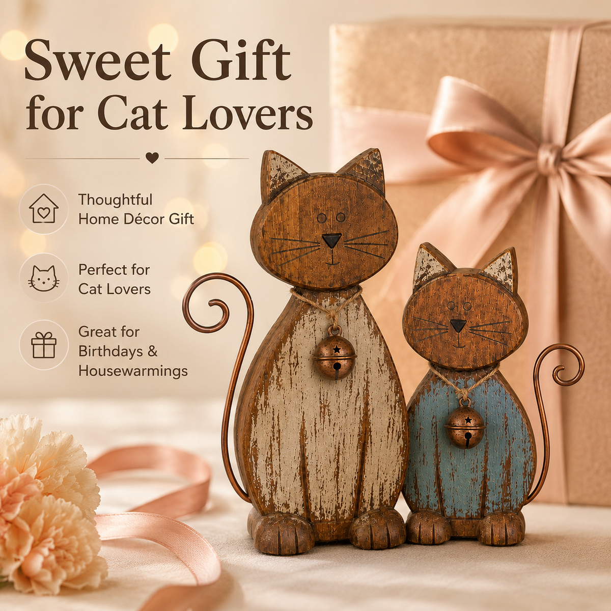 Rustic Wooden CatFigurines Set of 2