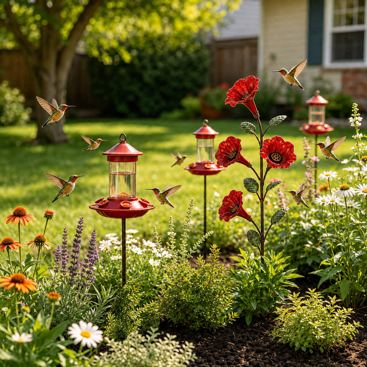 Vintage Red FlowerHummingbird FeederGarden Stake