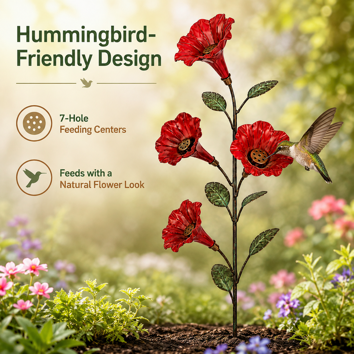 Vintage Red FlowerHummingbird FeederGarden Stake